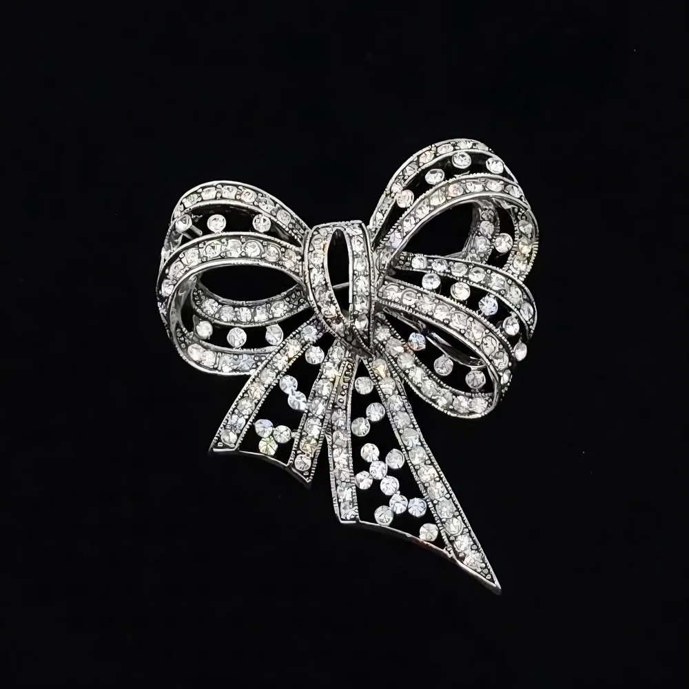 Joan Rivers Crystal and Silver Bow Brooch